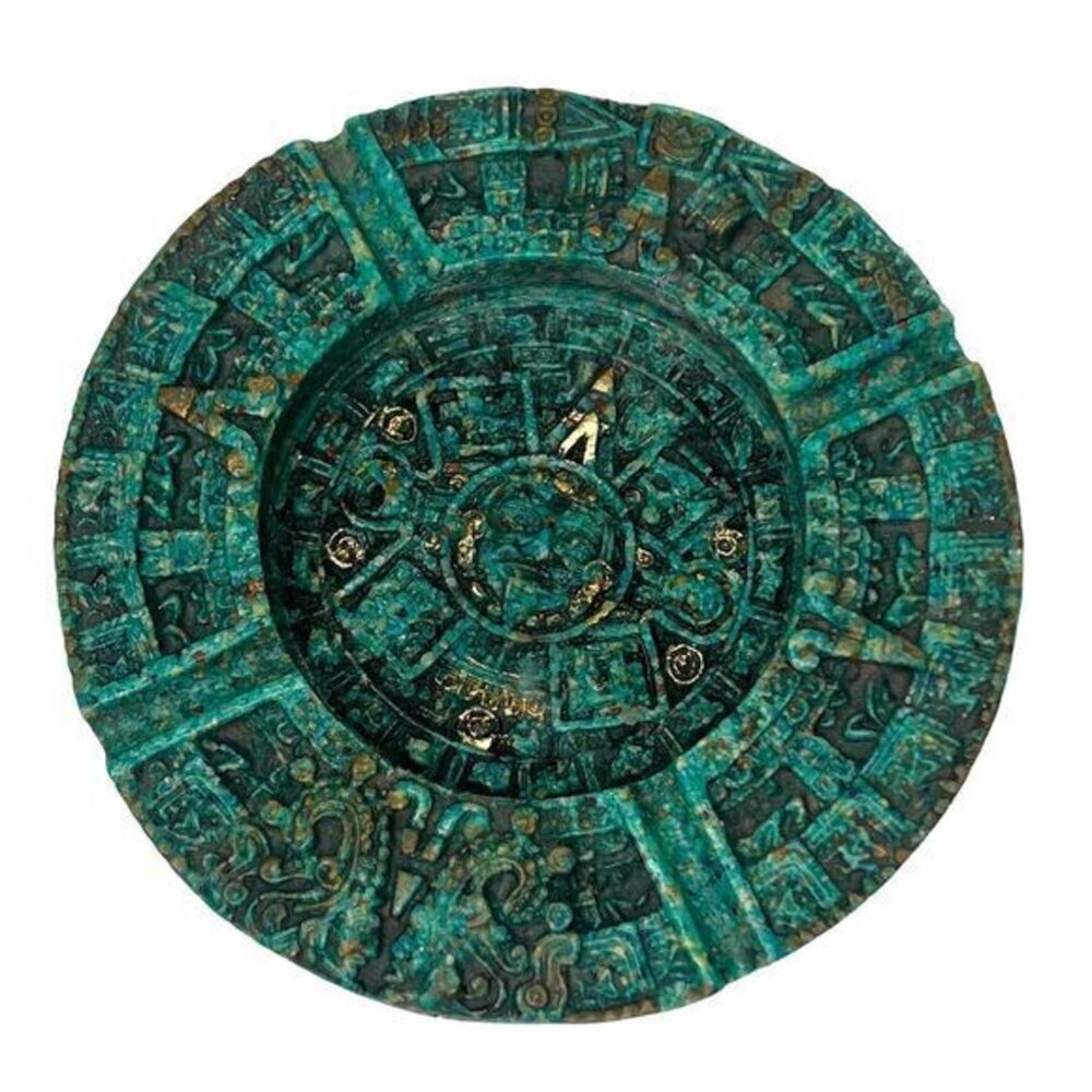 Vintage 1970s Crush Malachite Stone Ashtray Dish Aztec Mayan Calendar Green